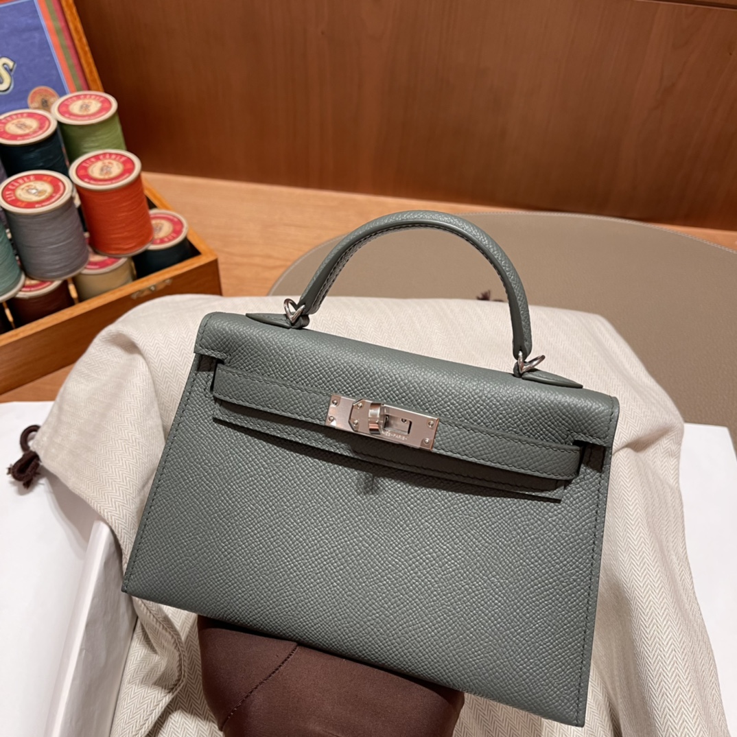 에르메스 미니 켈리백19 그레이그린 은장 앱송